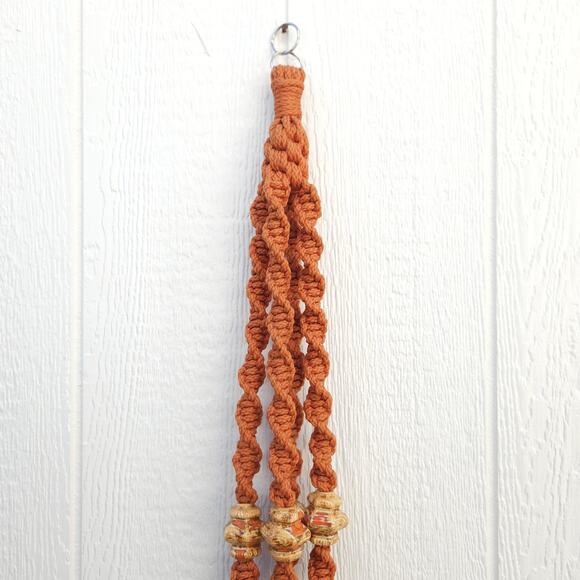 Vtg Macrame Plant Hanger Orange Nylon Boho Hippie Rustic Garden Patio Decor 45"L - Picture 4 of 8